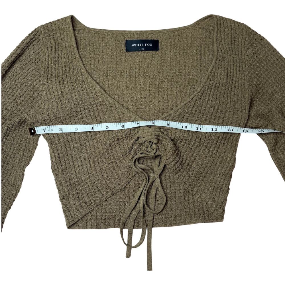 White Fox Brown Ribbed Lace‎ Up Crop Top Balloon Sleeve Size XS Minimalist Basic - Picture 7 of 9